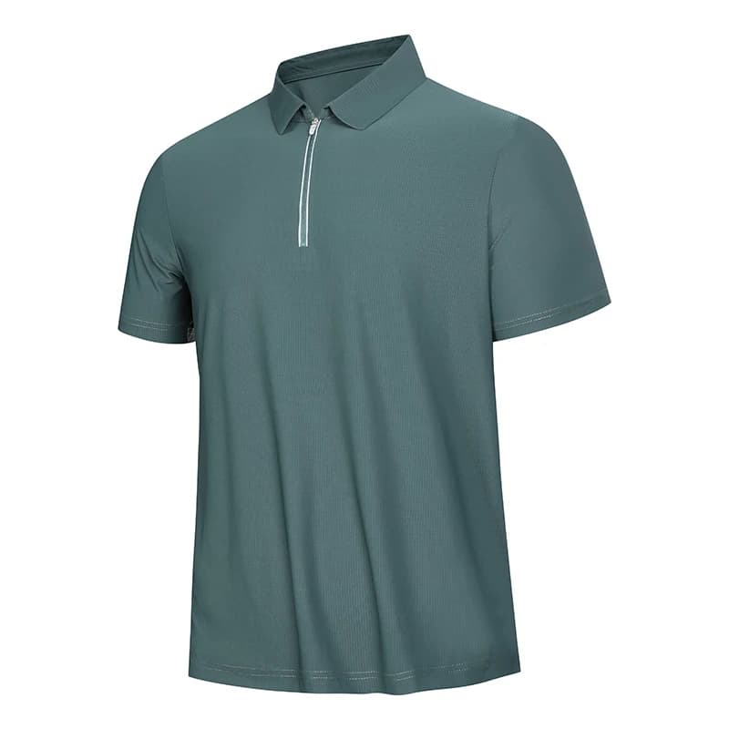 Slate blue textured zip polo front