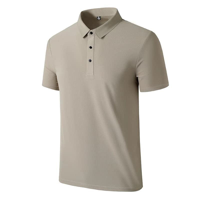 Khaki button-placket polo front, supplier image